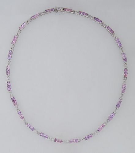 18K White Gold Link Necklace, each of the 25 links with three round pink sapphires joined by diamond mounted infinity links, total sapphire wt.- 15.6 