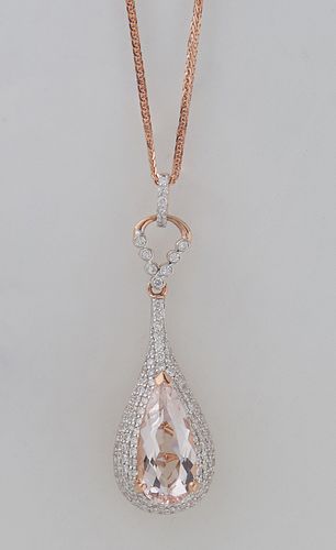 14K Rose Gold Pendant, with a pear shaped 3.02 ct. morganite atop a pave diamond mounted "gourd" form pendant, with a diamond mounted bail, on a 14K r