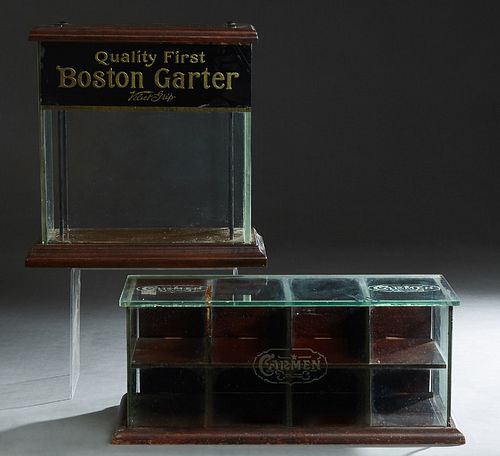 Two Countertop Wood and Glass Advertising Display Cases, c. 1900, one for "Boston Garter," and one for "Carmen" handkerchiefs, Boston- H.- 14 1/4 in.,