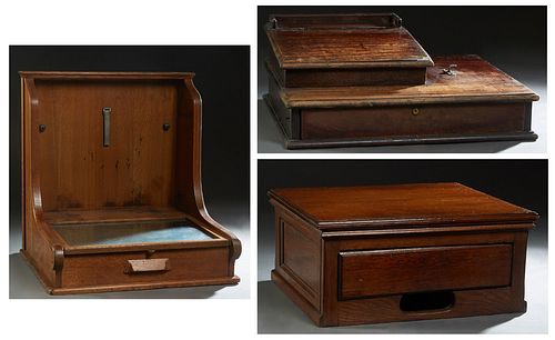 Group of Three Carved Oak Country Store Tills, early 20th c., one labeled "McKaskey Account Register," each containing a divided money drawer, McKaske