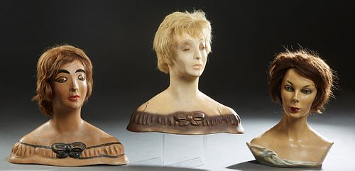 Group of Three Terracotta Mannequin Head Display Busts, c. 1950 by John Micheli Studio, NYC, with hand painted eyes and lips, H.- 16 in., W.- 17 in., 