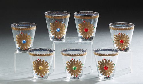 Set of Seven Gilt Decorated Culver Rocks Glasses, mid 20th c., the sides with applied faux jewels, H.- 4 in., Dia.- 3 7/8 in. (7 Pcs.)