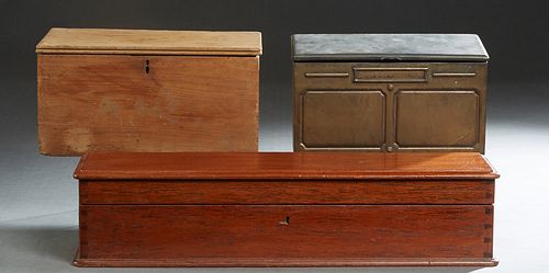 Group of Three Boxes, early 20th c., consisting of a bronze mailbox; a long oak lidded box; and a pine lidded box, Mailbox- H.- 6 1/2 in., W.- 12 in.,