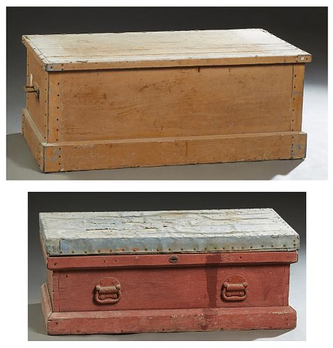 Two Louisiana Carved Cypress Tool Boxes, 19th c., with folding iron handles; one now with a galvanized sheet metal lid, in pink paint; the second in a