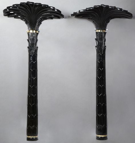 Pair of Serge Roche-Style Ebonized Composition "Palm Tree" Torchere-Form Sconces, 20th c., each brass-banded around the base and upper trunk, electrif