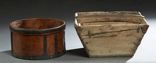 Two Primitive Wood Kitchen Objects, 19th c., consisting of an iron reinforced cutlery tray; and an iron bound circular bentwood pantry box, Tray- H.- 