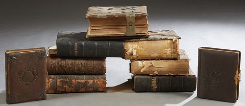 Two Victorian Leather Bound Photo Albums, together with seven leather bound bibles, 19th c., Largest Bible- H.- 14 1/2 in., W.- 11 1/2 in., D.- 3 in. 