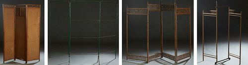 Four Folding Dressing Screen Panels, late 19th c., one of bamboo with four panels, lacking cloth interiors; one three panel stick and ball example, wi