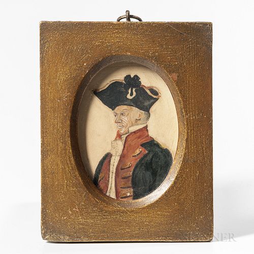 European School, 19th Century

Miniature Portrait of an Officer in a Blue and Red Coat. Unsigned. Watercolor on paper, 3 3/8 x 2 1/2 in., in a gold-pa