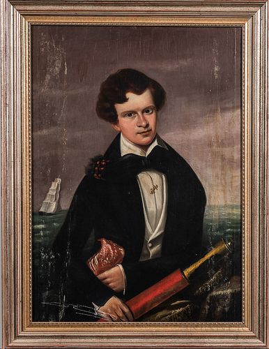American School, Mid-19th Century

Portrait of a Young Sailor. Unsigned. Oil on canvas, the man seen with a spyglass and ship beyond, 36 x 26 in., fra
