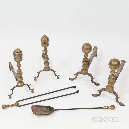 Two Pairs of Brass Andirons and Two Fireplace Accessories