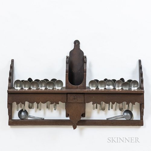 Carved Mahogany Spoon Rack with Pewter Tablespoons