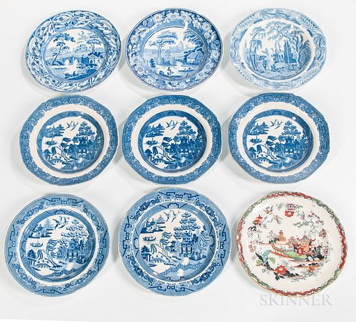 Nine English Transferware Plates,Staffordshire, England, 19th century