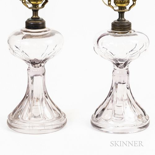 Pair of Blown-molded Colorless Glass Oil Lamps,America, 19th century