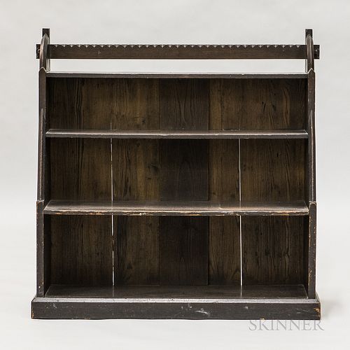 Small Gothic-style Arts and Crafts Oak Bookcase, early 20th century, four graduated shelves supported by sides with stepped, sloped and curved edges, 