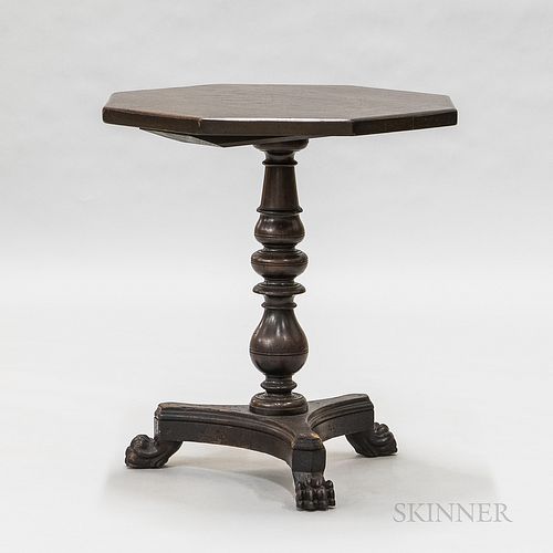 Gothic Revival Mahogany Table, octagonal top on vase- and ring-turned pedestal resting on a flat tripod base with carved paw feet, (minor damage to ba
