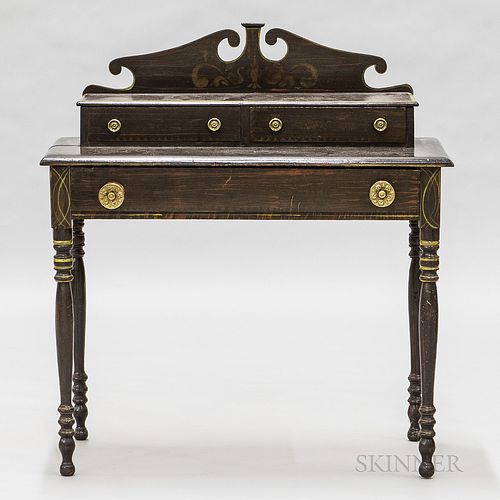 Grain-painted Pine Dressing Table, probably Maine, 19th century, the upper case with two drawers below a scrolled backsplat with central plinth, the l