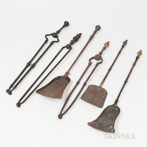 Six Brass and Iron Fireplace Tools,America, early 19th century
