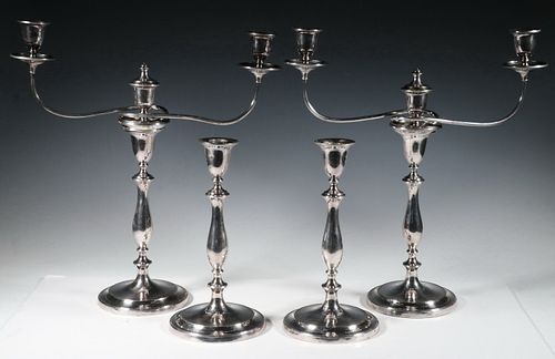 (4) SILVER ON COPPER CANDLESTICKS, (2) WITH CANDELABRA INSERTS
