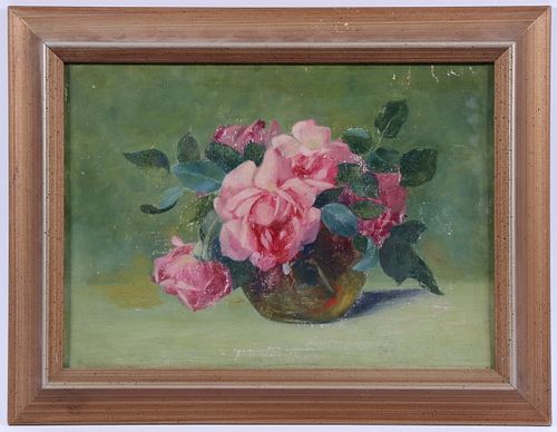 FLORAL OIL MARKED "ATTWOOD, ABOUT 1890" VERSO