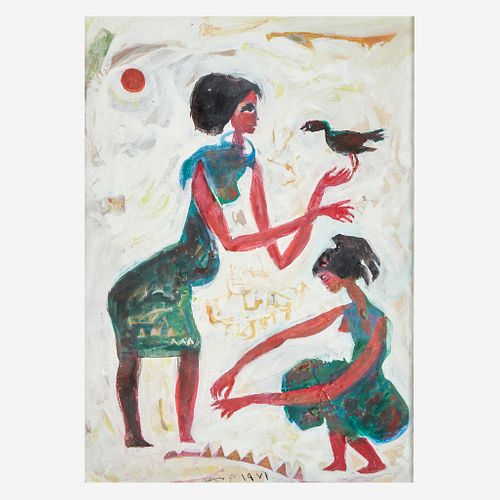 Hamed Nada (Egyptian, 1924-1990), , Untitled (Two Women and a Bird)