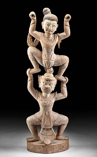 19th C. Thai Wood Dancing Figures w/ Tosakanth