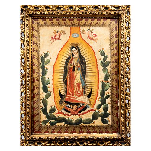 ANÓNIMO Virgen de Guadalupe Óleo sobre tela Enmarcado en madera dorada 97 x 77 cm