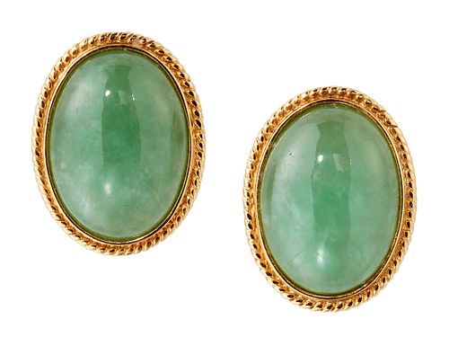 A PAIR OF JADE EARRINGS, each oval cabochon jade in a bezel