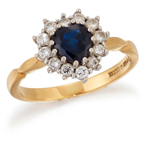 AN 18 CARAT GOLD SAPPHIRE AND DIAMOND CLUSTER RING,?a heart