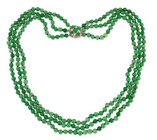 A JADE BEAD NECKLACE, WITH A JADE AND DIAMOND SET CLASP,?th