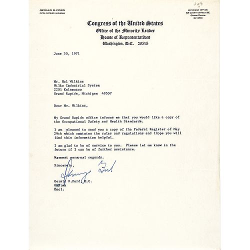 House Minority Leader GERALD R. FORD Sends a Copy of the New OSHA Act