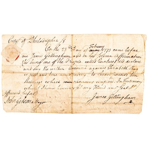 1772 Phila. Furniture Maker JAMES GILLINGHAM + Mayor JOHN GIBSON Signed Document