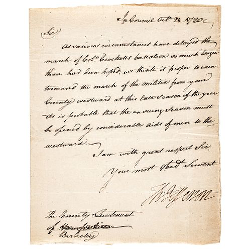 THOMAS JEFFERSON Signed 1780 Revolutionary War Letter, Fearing Virginia Invasion