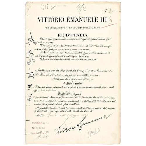 BENITO MUSSOLINI + VICTOR EMANUEL III Mutually Signed Official Document 