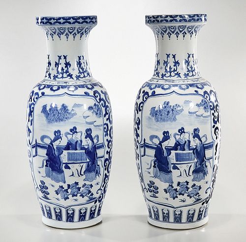 Pair Tall Chinese Blue and White Porcelain Vases