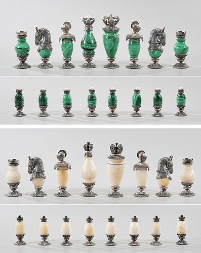 Set of 16 Malachite and Stone Chess Pieces