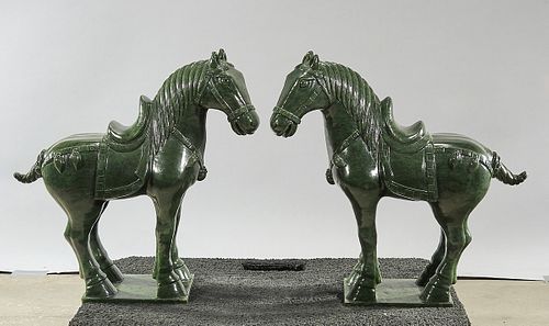 Pair Chinese Spinach Jade Horses