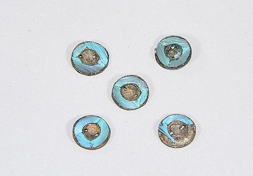 Group of Five Kingfisher Feather Decorated Brass Buttons