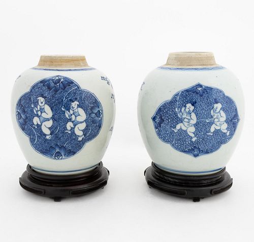 PAIR, CHINESE BLUE & WHITE GINGER JARS ON STANDS