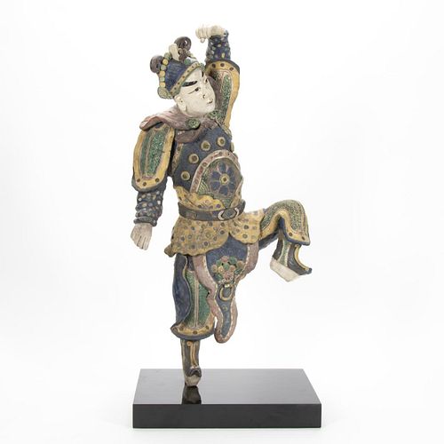 CHINESE POLYCHROME FIGURAL ROOF TILE ON PEDESTAL