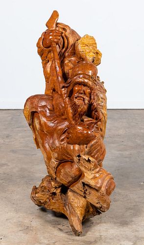 WOOD TREE ROOT CARVING OF MAN WITH STAFF