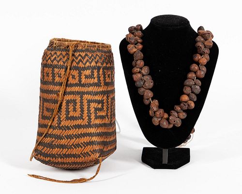 TWO AFRICAN OBJECTS, BASKET & POD NECKLACE