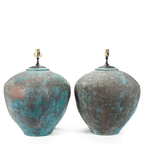 PAIR, TURQUOISE GLAZED BULBOUS TABLE LAMPS