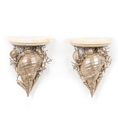 PAIR, SILVERPLATE & MARBLE SHELL FORM WALL BRACKET