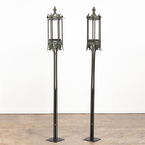 PAIR OF GOTHIC WROUGHT IRON LANTERNS ON STANDS