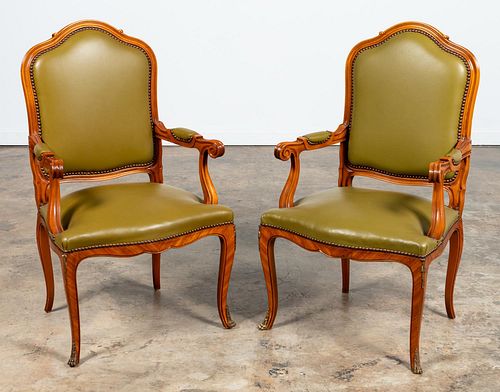 PAIR, LOUIS XV STYLE GREEN LEATHER FAUTEUILS