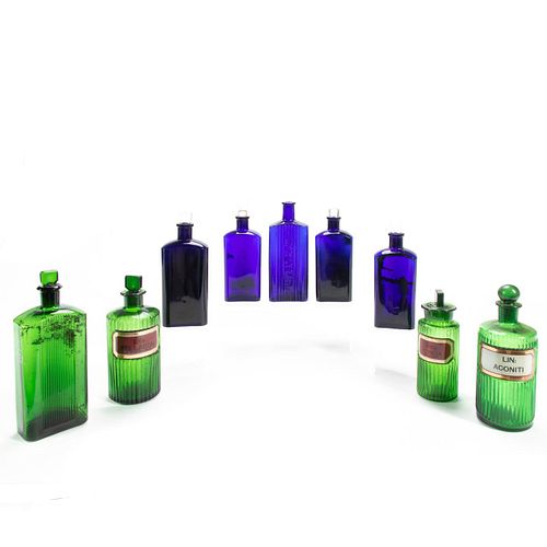 GROUP 9 BLUE AND GREEN GLASS APOTHECARY BOTTLES
