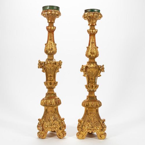 PAIR, 19TH C. GILTWOOD ALTAR CANDLE PRICKETS