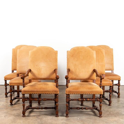 SET, SIX TAN LEATHER BAROQUE STYLE DINING CHAIRS