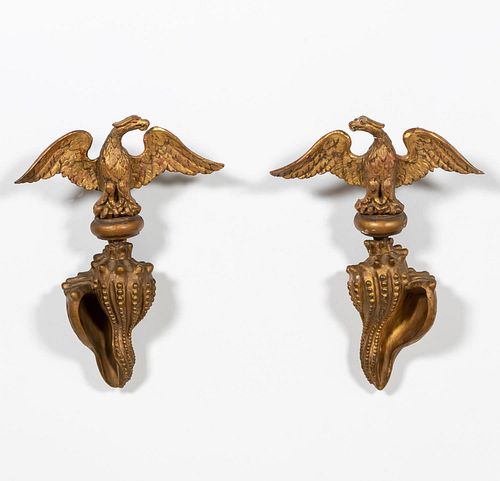 PAIR, OPPOSING EAGLE & CONCH SHELL WALL ORNAMENTS